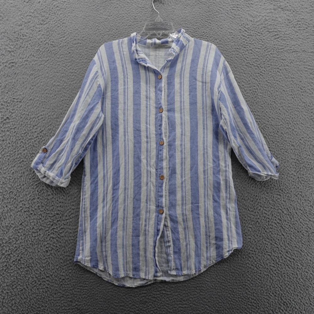Viola Borghi Linen Button Up Blouse Large Blue White Stripe Women Beach Roll Tab